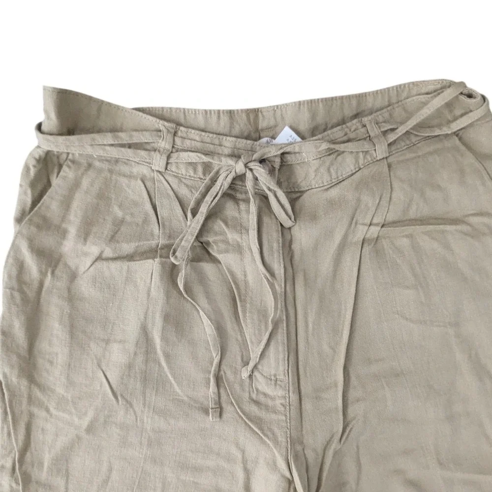 H&M Linen Blend Wide Leg Pants Tan Beige‎ Drawstring Trousers US 10 Coastal Boho